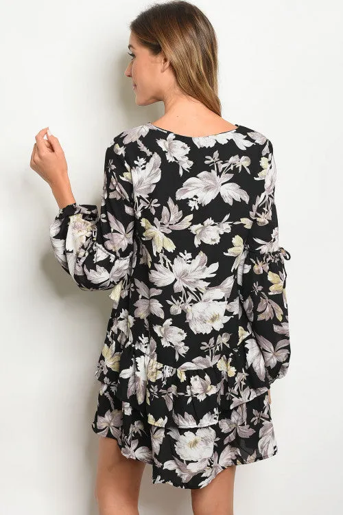 Black Floral Long Sleeve Tunic Dress