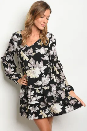 Black Floral Long Sleeve Tunic Dress