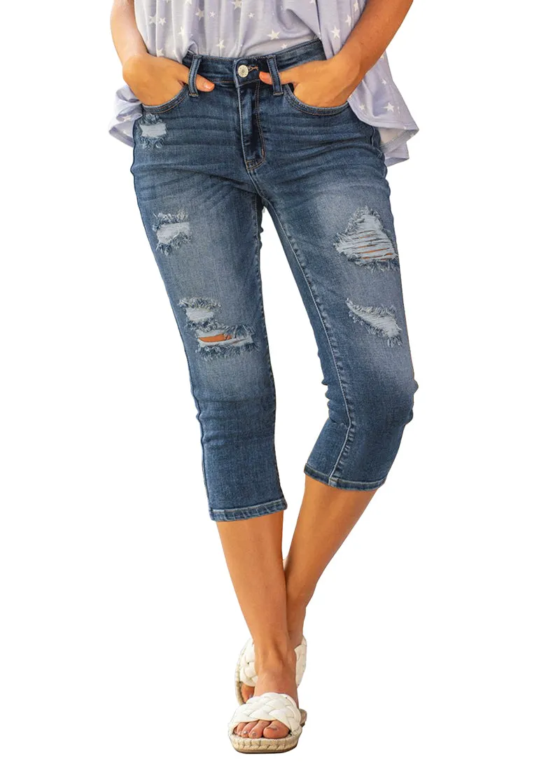 Blue Below Knee Ripped Trousers Denim Jeans