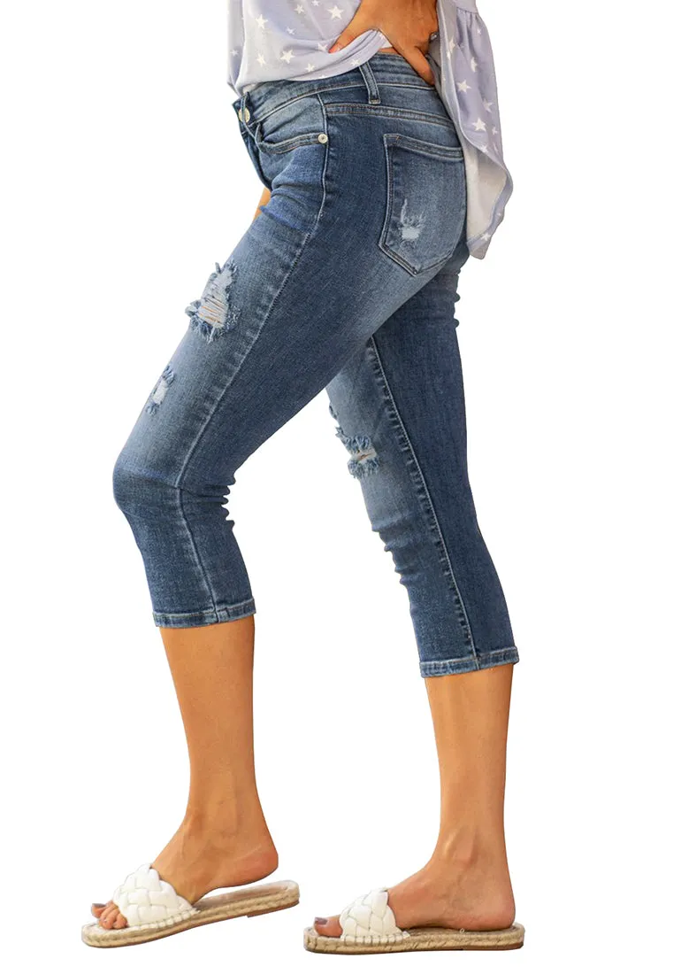 Blue Below Knee Ripped Trousers Denim Jeans