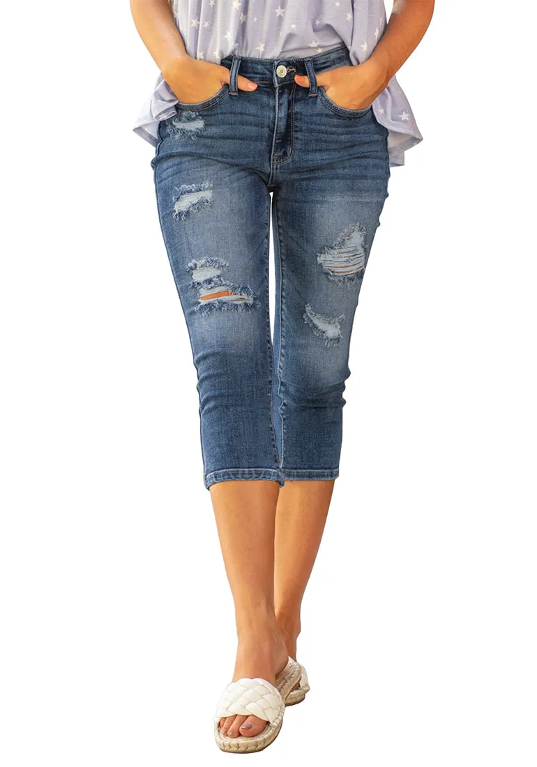 Blue Below Knee Ripped Trousers Denim Jeans