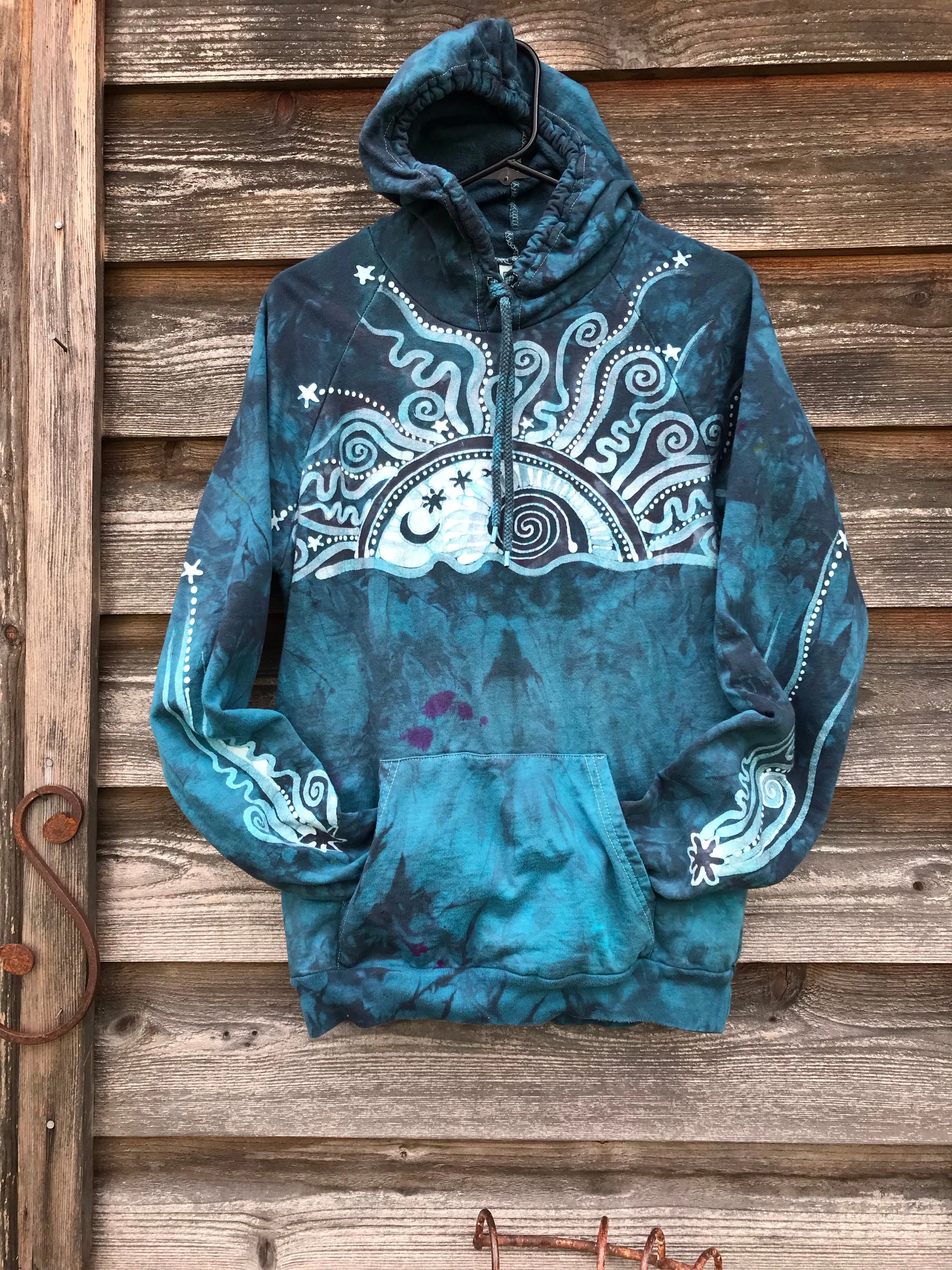 Blue Cosmic Sunrise Pullover Batik Hoodie in Organic Cotton - Size Medium