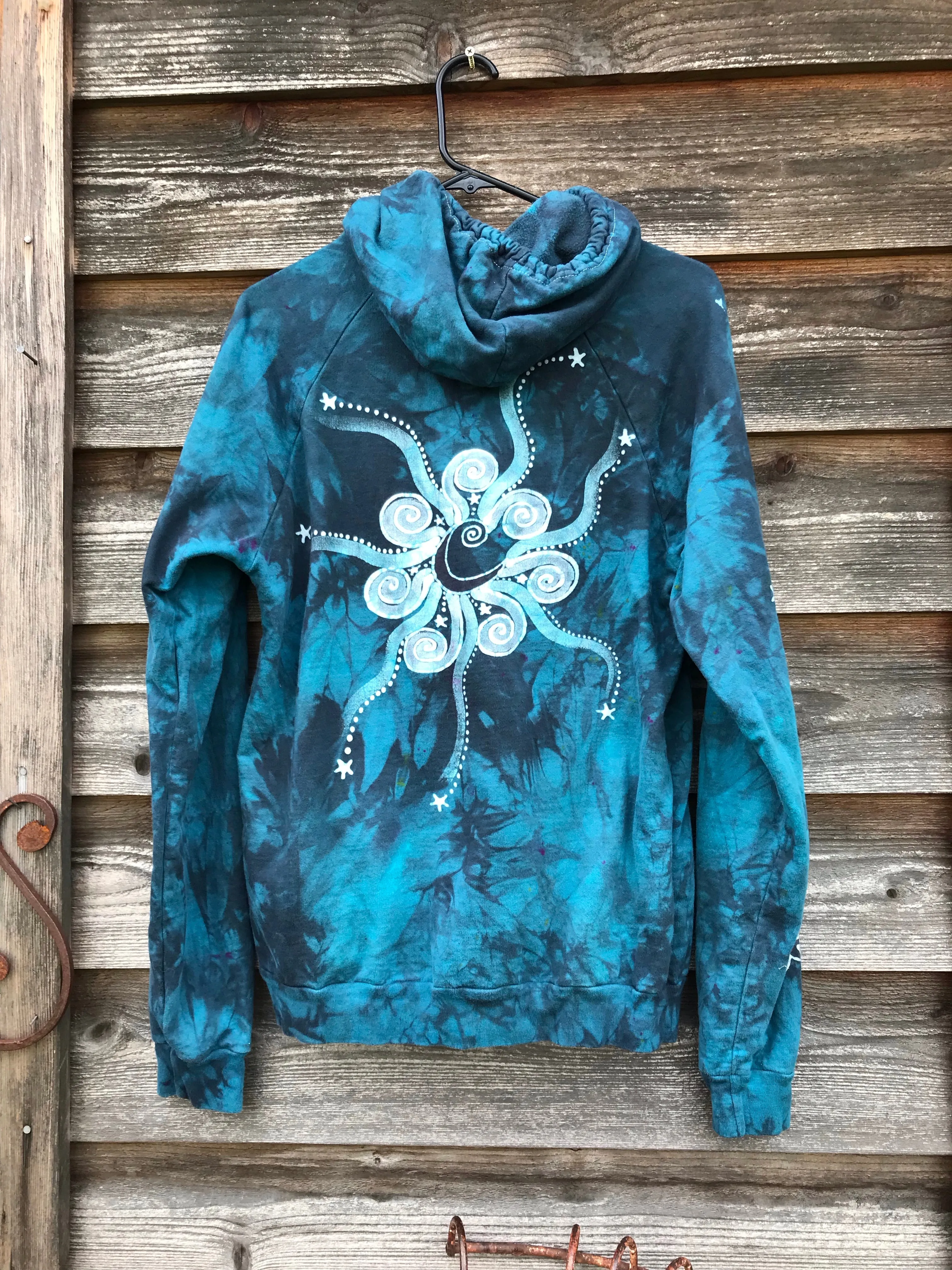 Blue Cosmic Sunrise Pullover Batik Hoodie in Organic Cotton - Size Medium