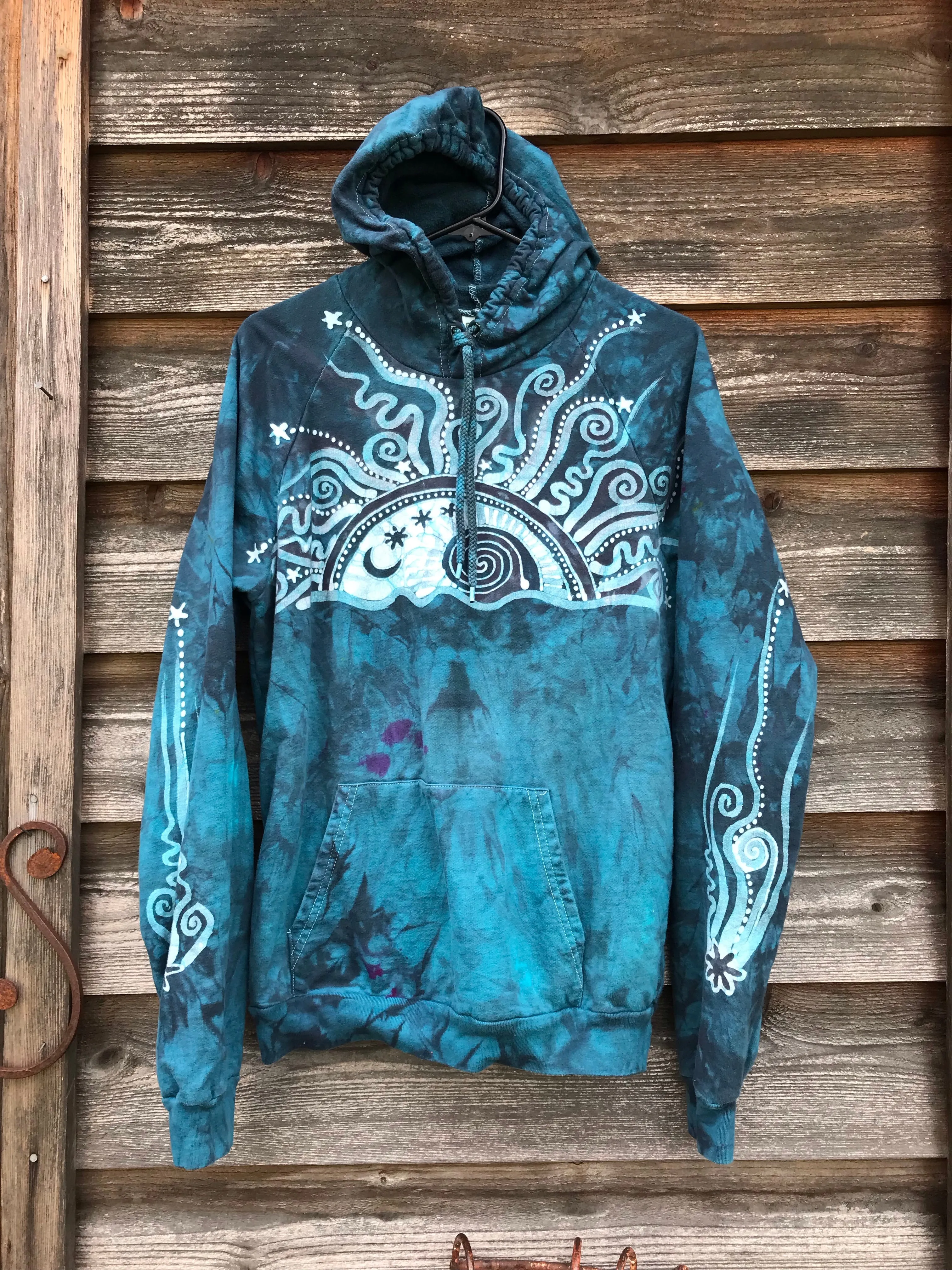 Blue Cosmic Sunrise Pullover Batik Hoodie in Organic Cotton - Size Medium