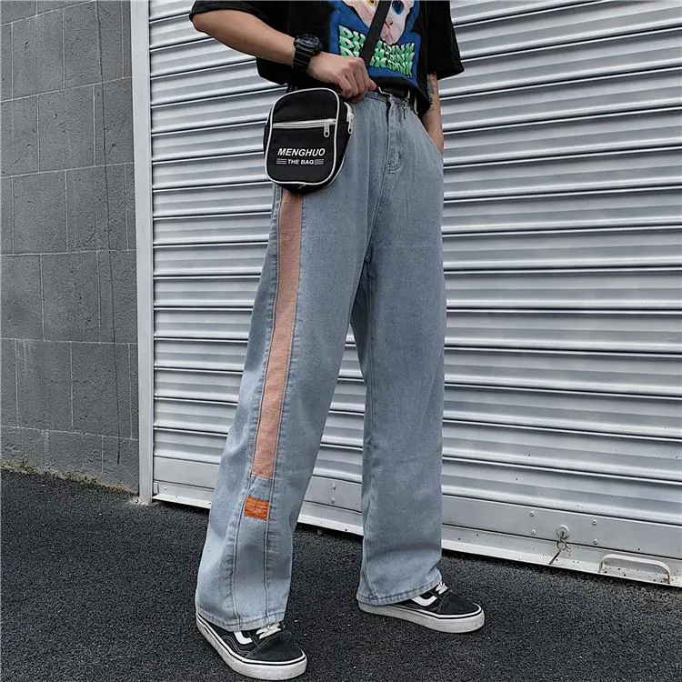 Blue Denim Peach Side Lines Retro High Waist Loose Pants