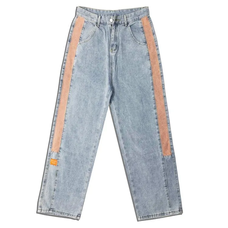 Blue Denim Peach Side Lines Retro High Waist Loose Pants