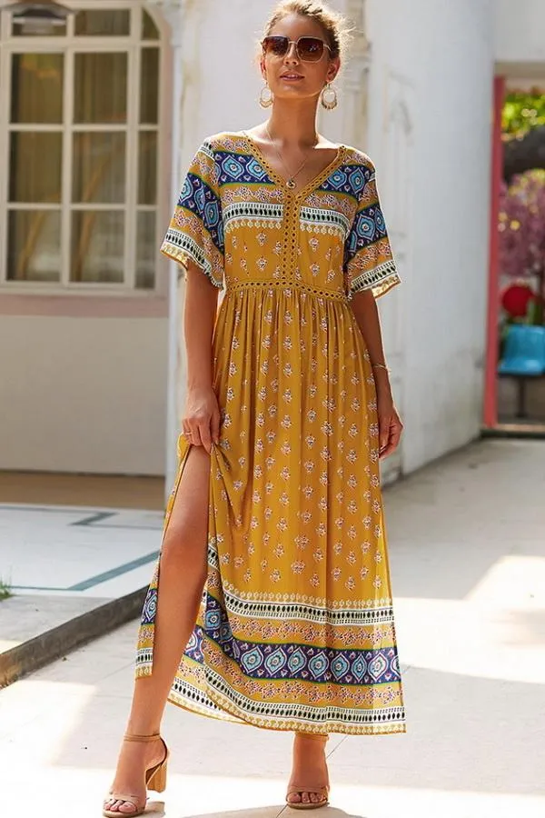 Bohemian V Neck Slit Dress