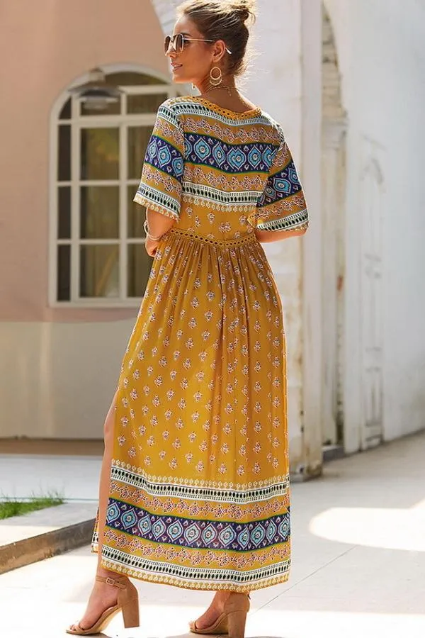 Bohemian V Neck Slit Dress