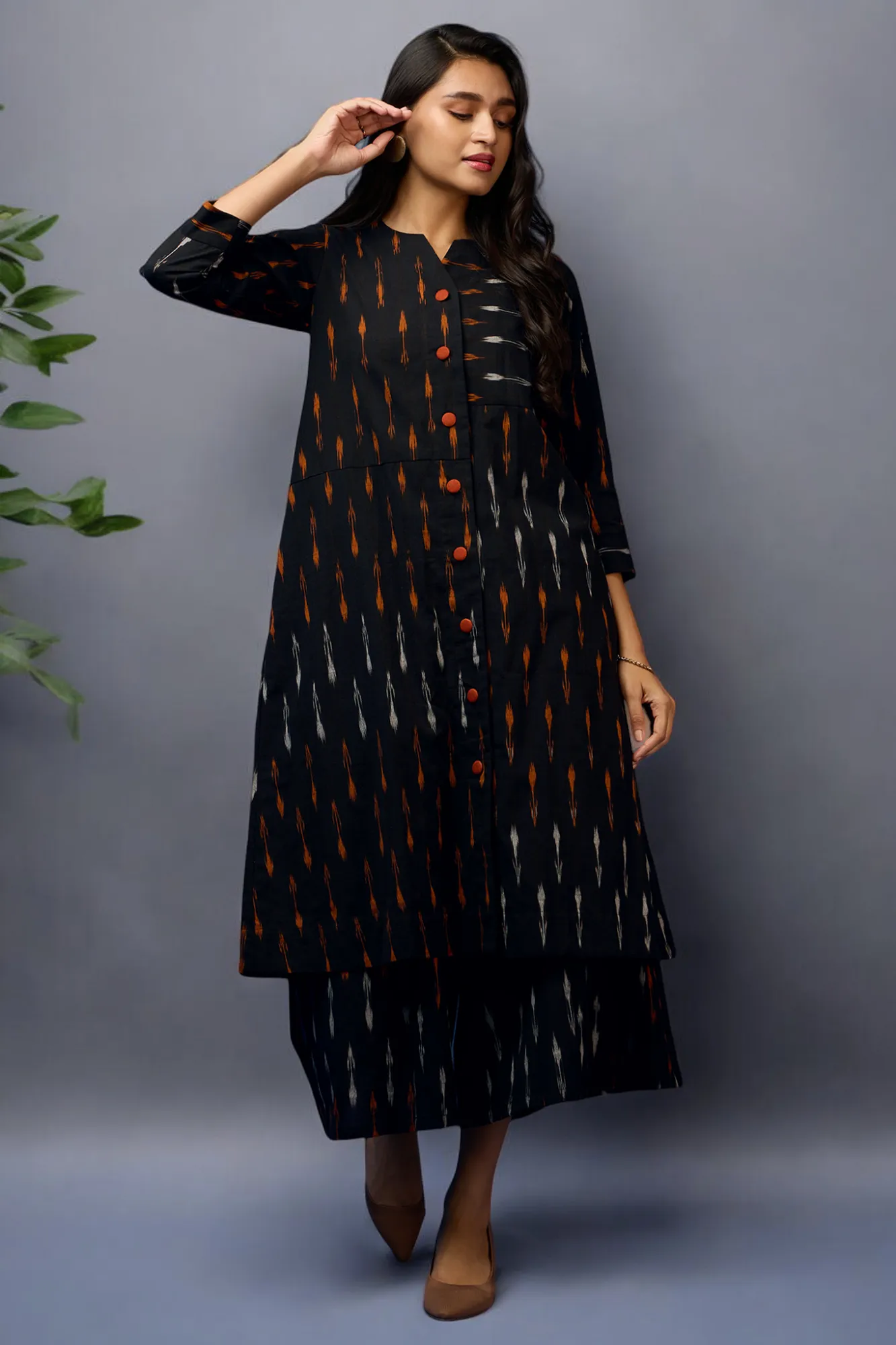 button down tunic kurta with hand stitched details - Rustic Noir & Ebony Elegance