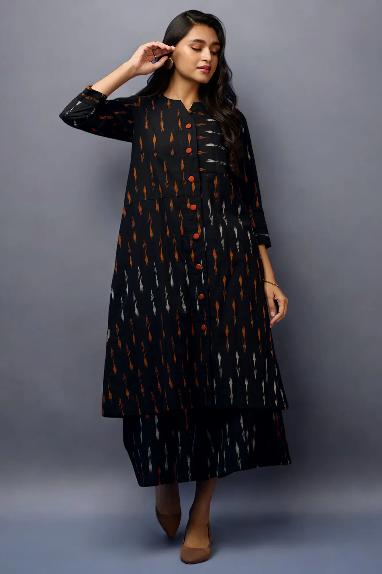 button down tunic kurta with hand stitched details - Rustic Noir & Ebony Elegance