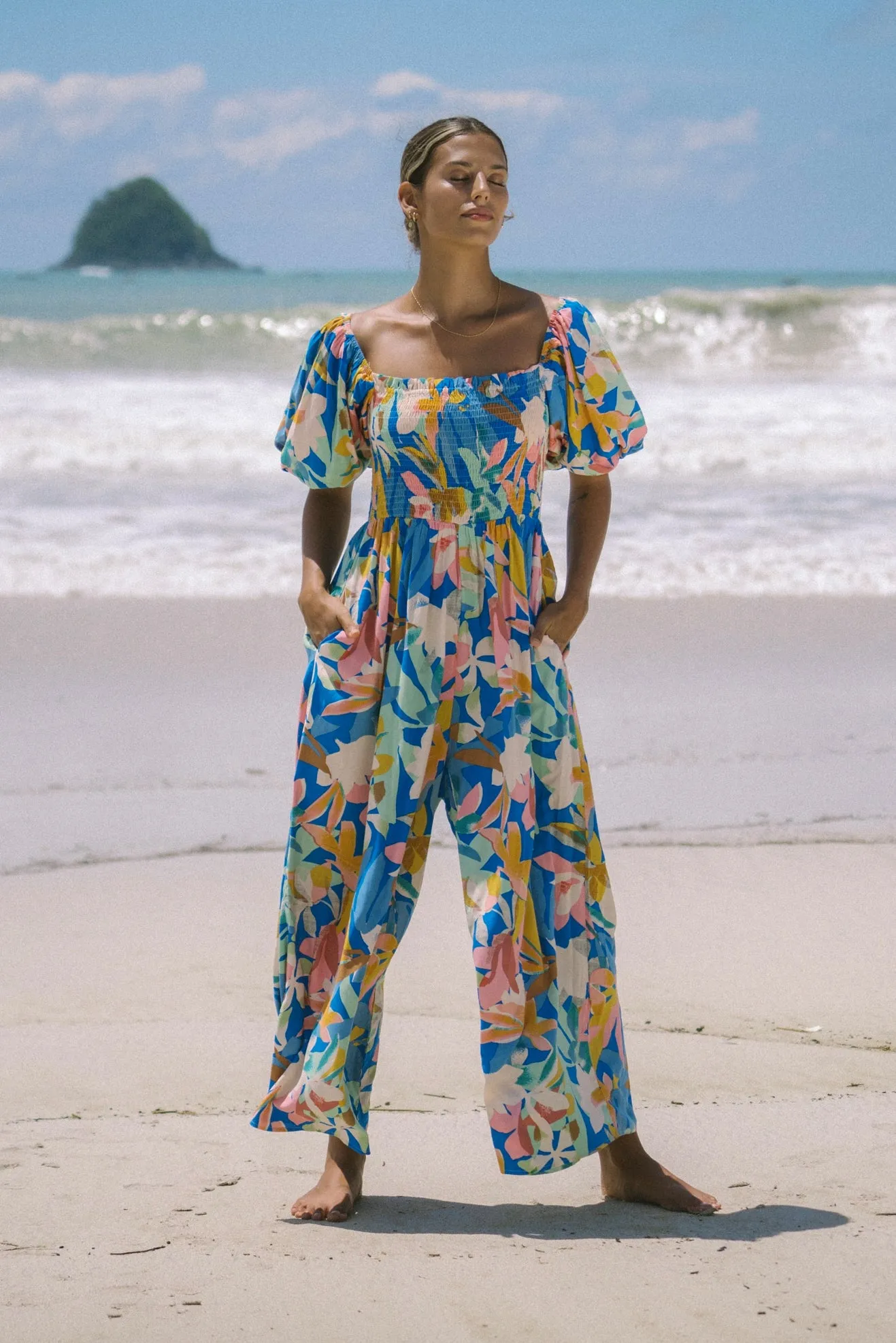 Calia Blue Floral Puff Sleeve Jumpsuit