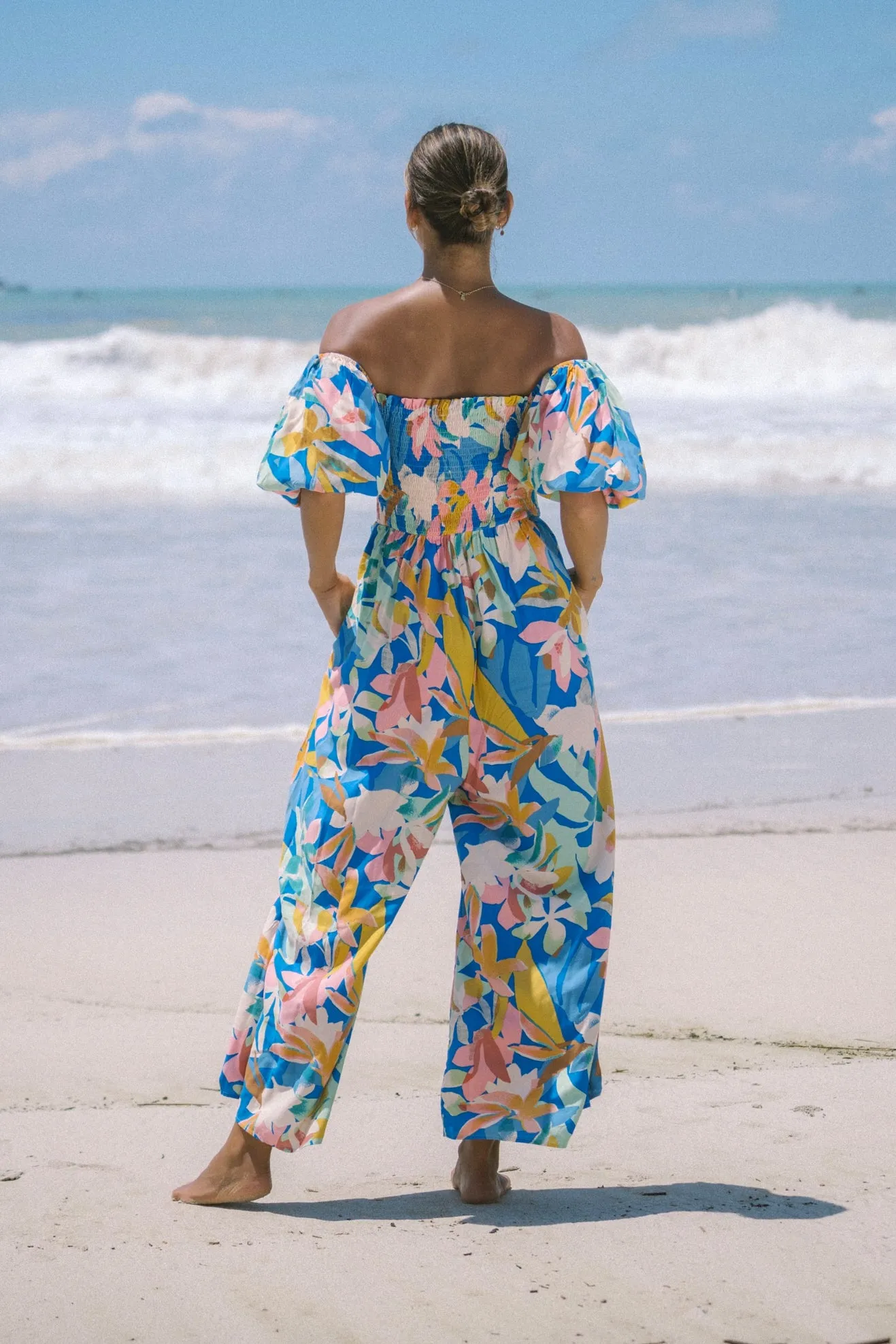 Calia Blue Floral Puff Sleeve Jumpsuit