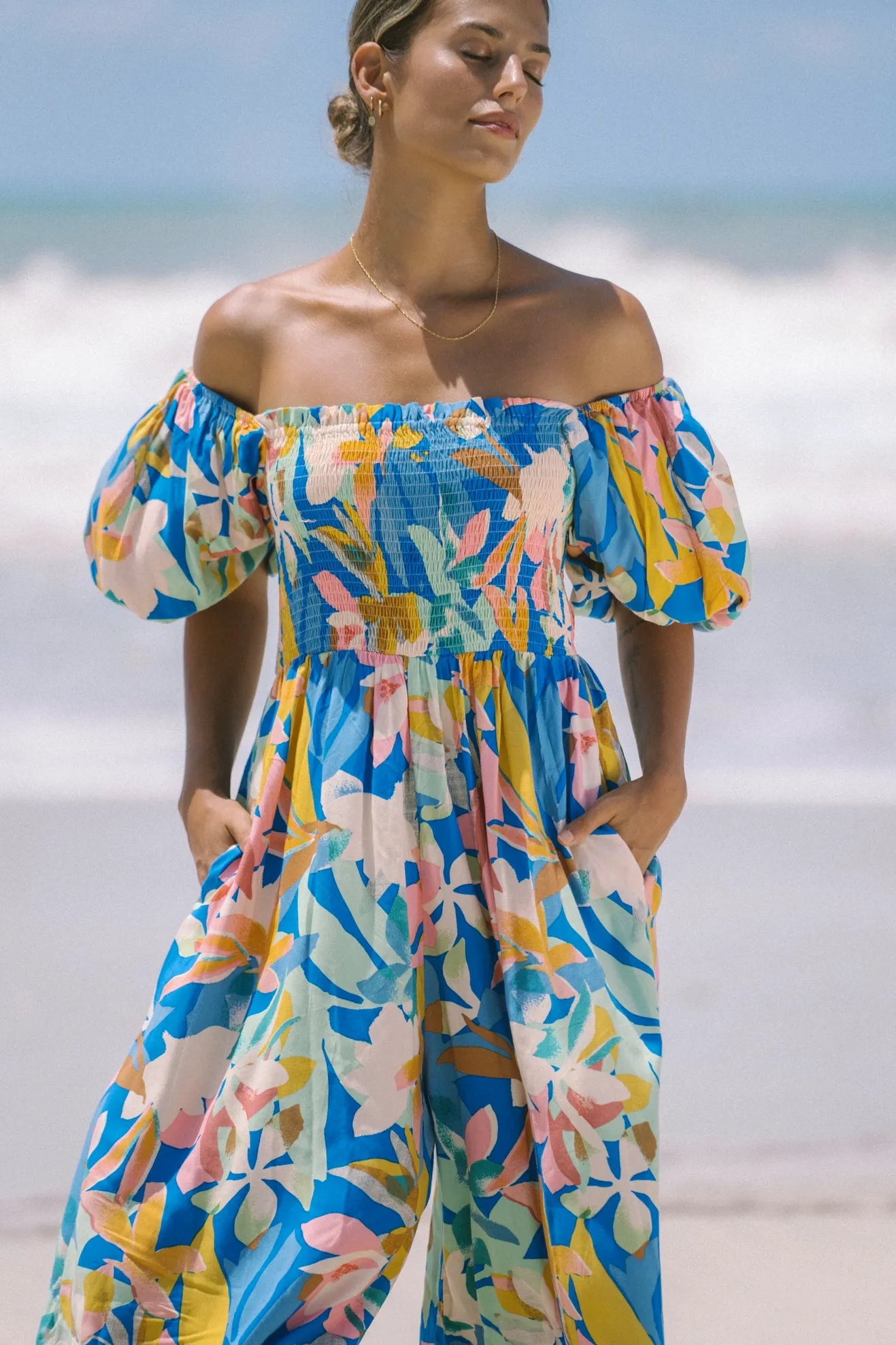 Calia Blue Floral Puff Sleeve Jumpsuit