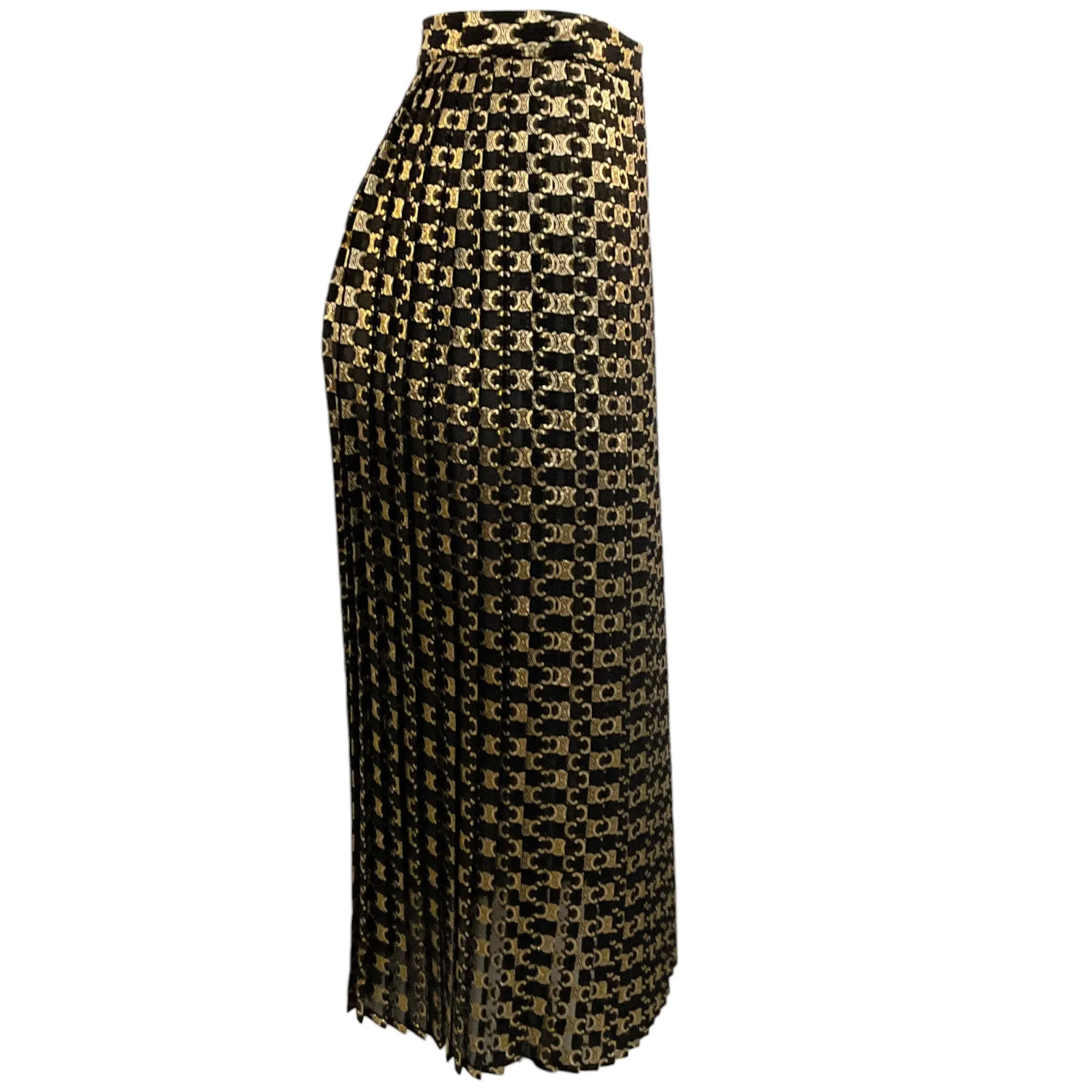 Celine Black / Gold Logo Jacquard Pleated Midi Skirt