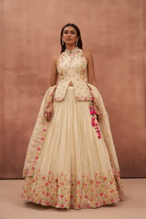 Champagne Hand Embroidered Georgette Silk Lehenga Set