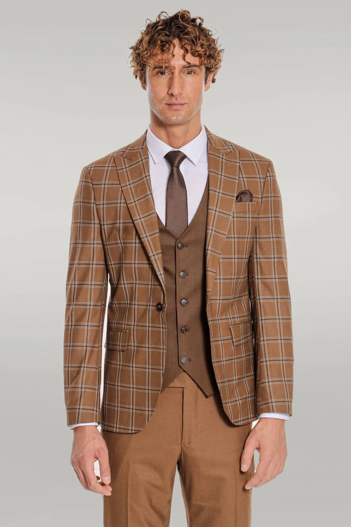 Checked Patterned Slim Fit Brown Men Suit - Wessi