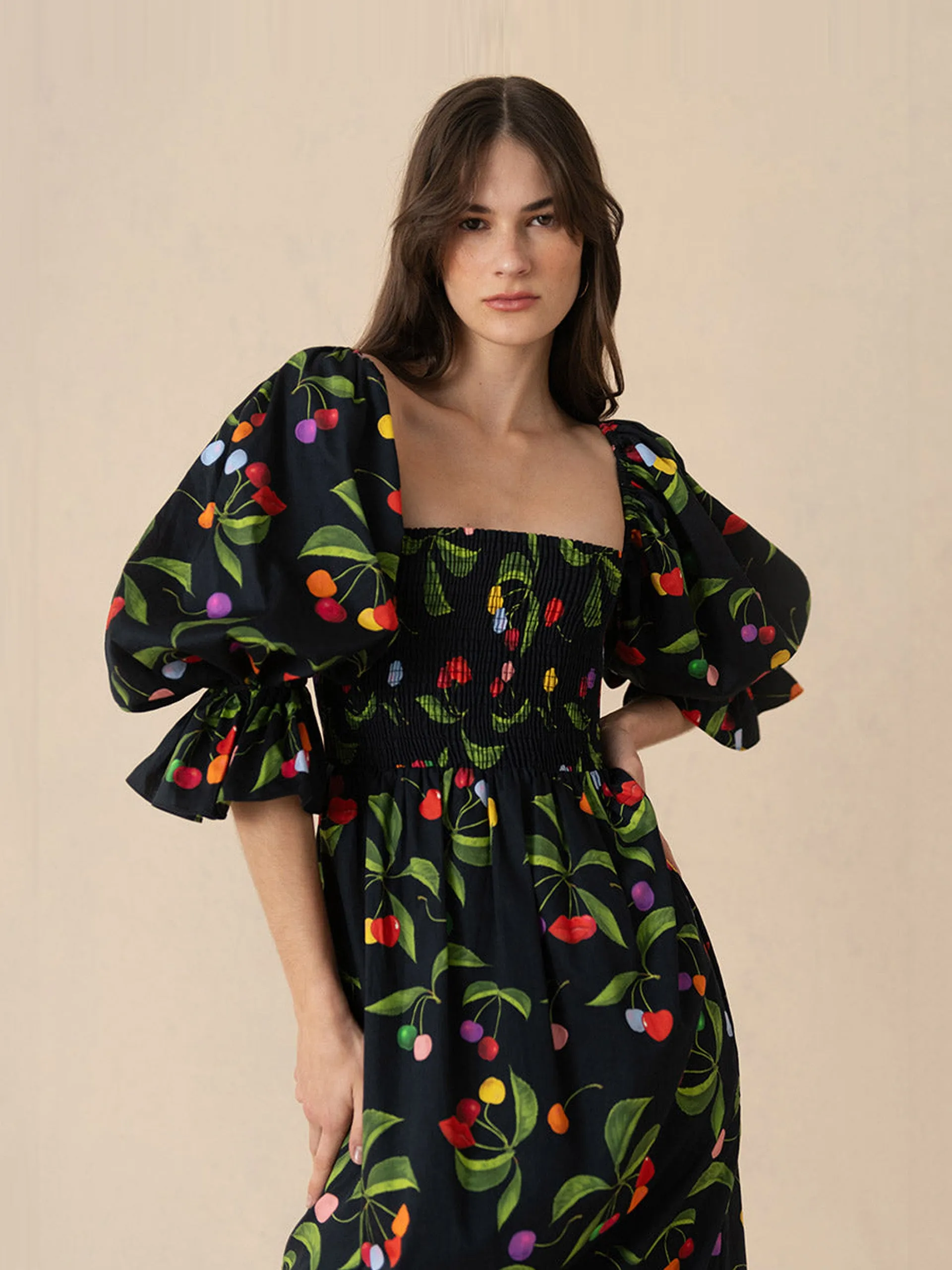 Cherry black Viona cotton midi dress