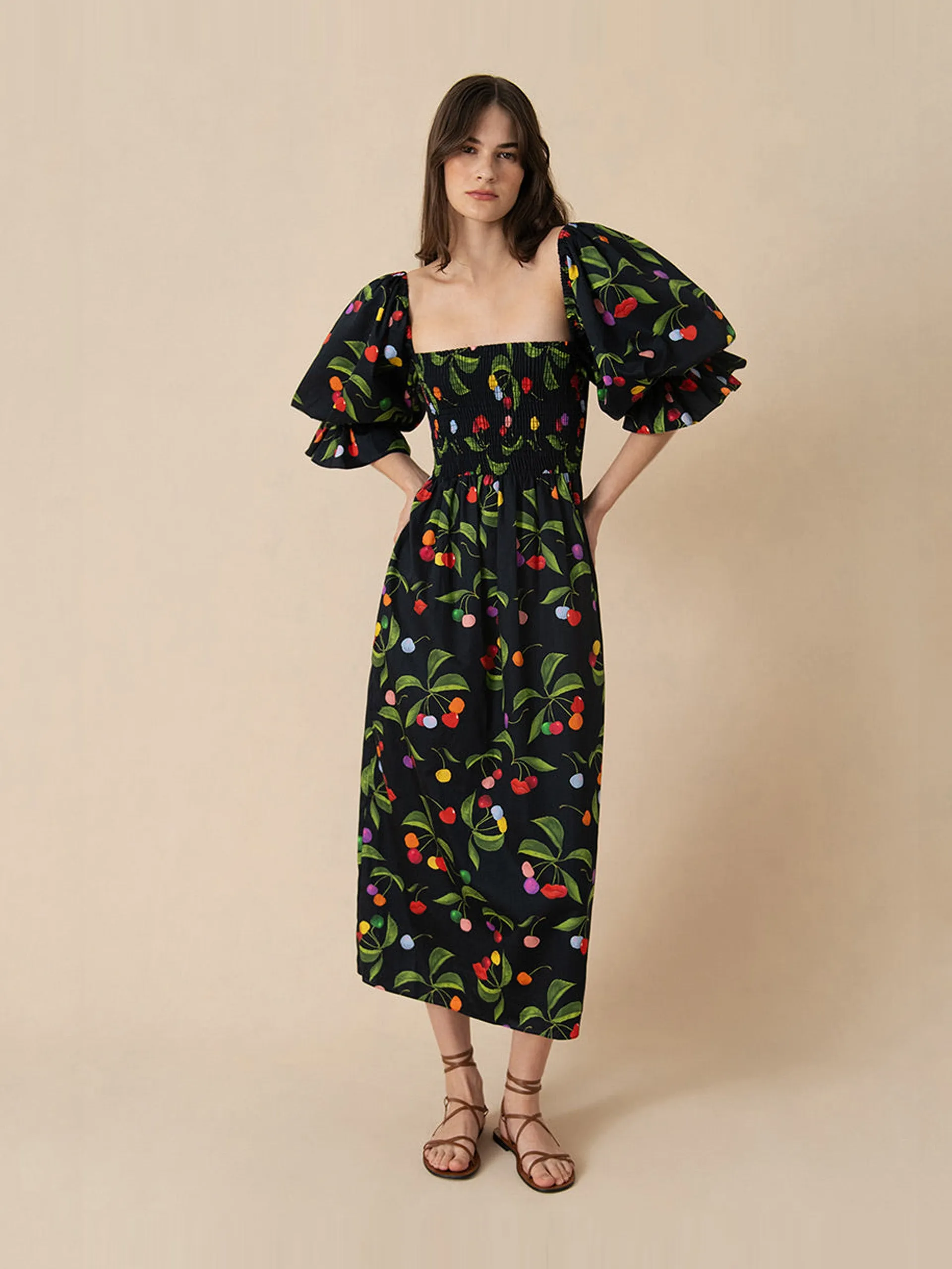 Cherry black Viona cotton midi dress