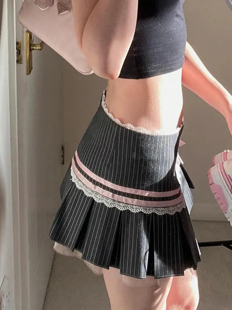 Contrast Lace Bow Stripe Y2K Mini Pleated Skirt Women Button Up Low Waist A Line Cute Kawaii Sweet Ballet Preppy Skirts