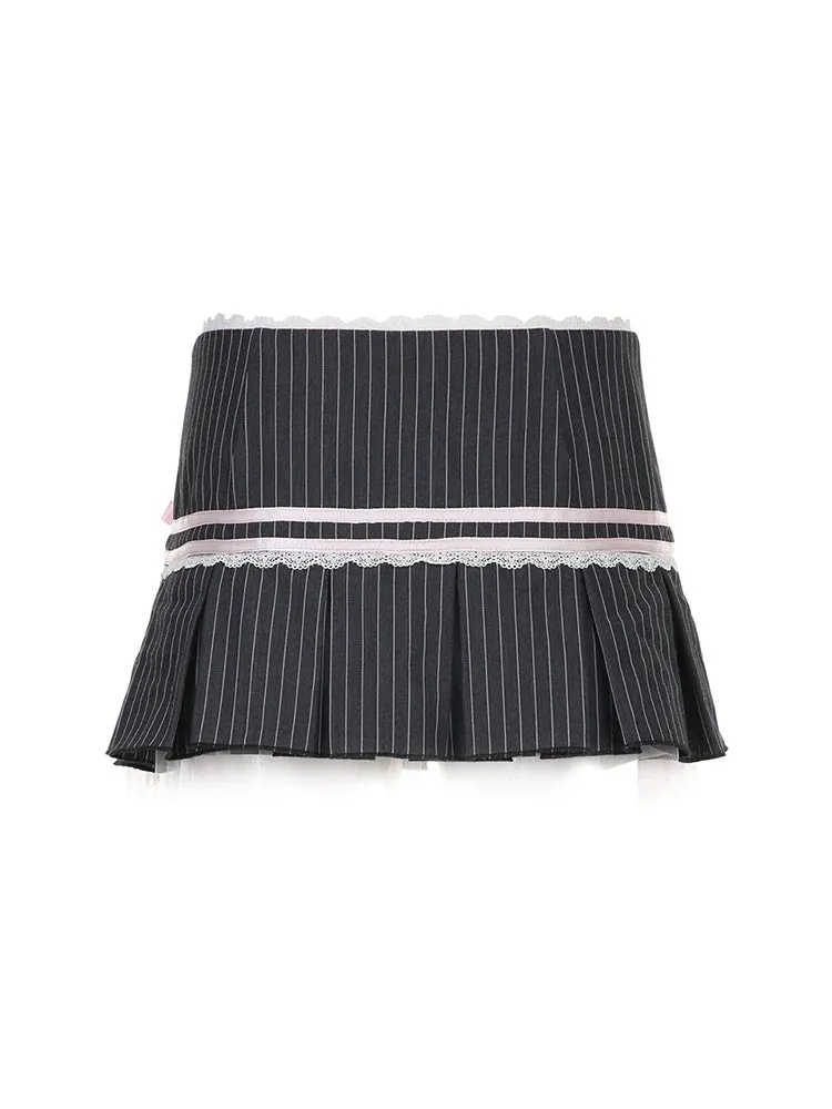 Contrast Lace Bow Stripe Y2K Mini Pleated Skirt Women Button Up Low Waist A Line Cute Kawaii Sweet Ballet Preppy Skirts