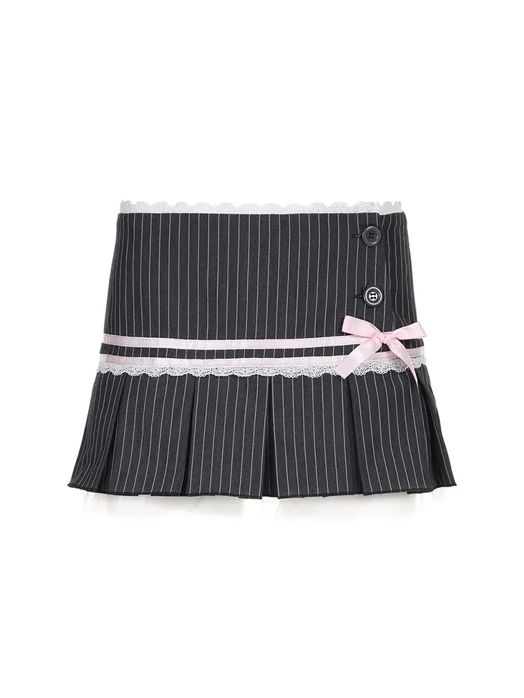 Contrast Lace Bow Stripe Y2K Mini Pleated Skirt Women Button Up Low Waist A Line Cute Kawaii Sweet Ballet Preppy Skirts