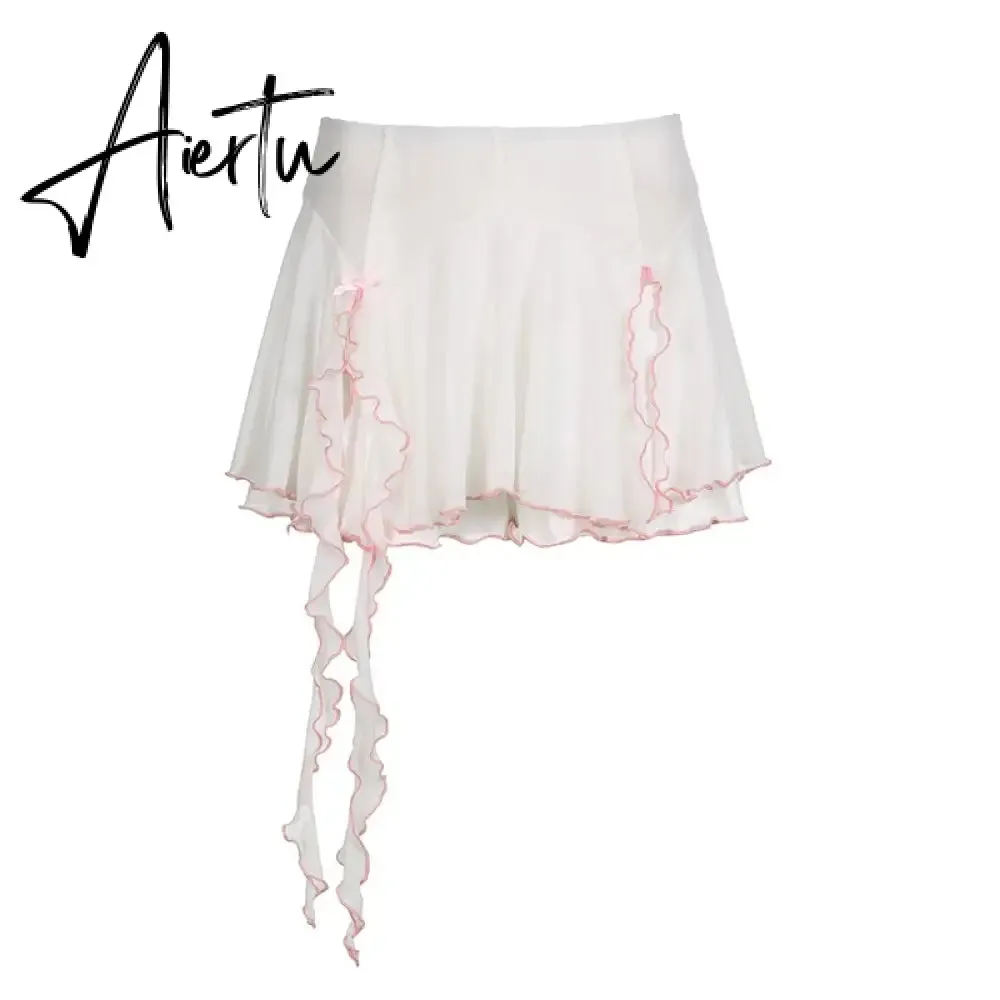 Contrast Ruffles Split Pleated Skirt Bow Patchwork Low Rise Loose A-line Mini Skirts Women Fairycore Y2k Aesthetic Cloth