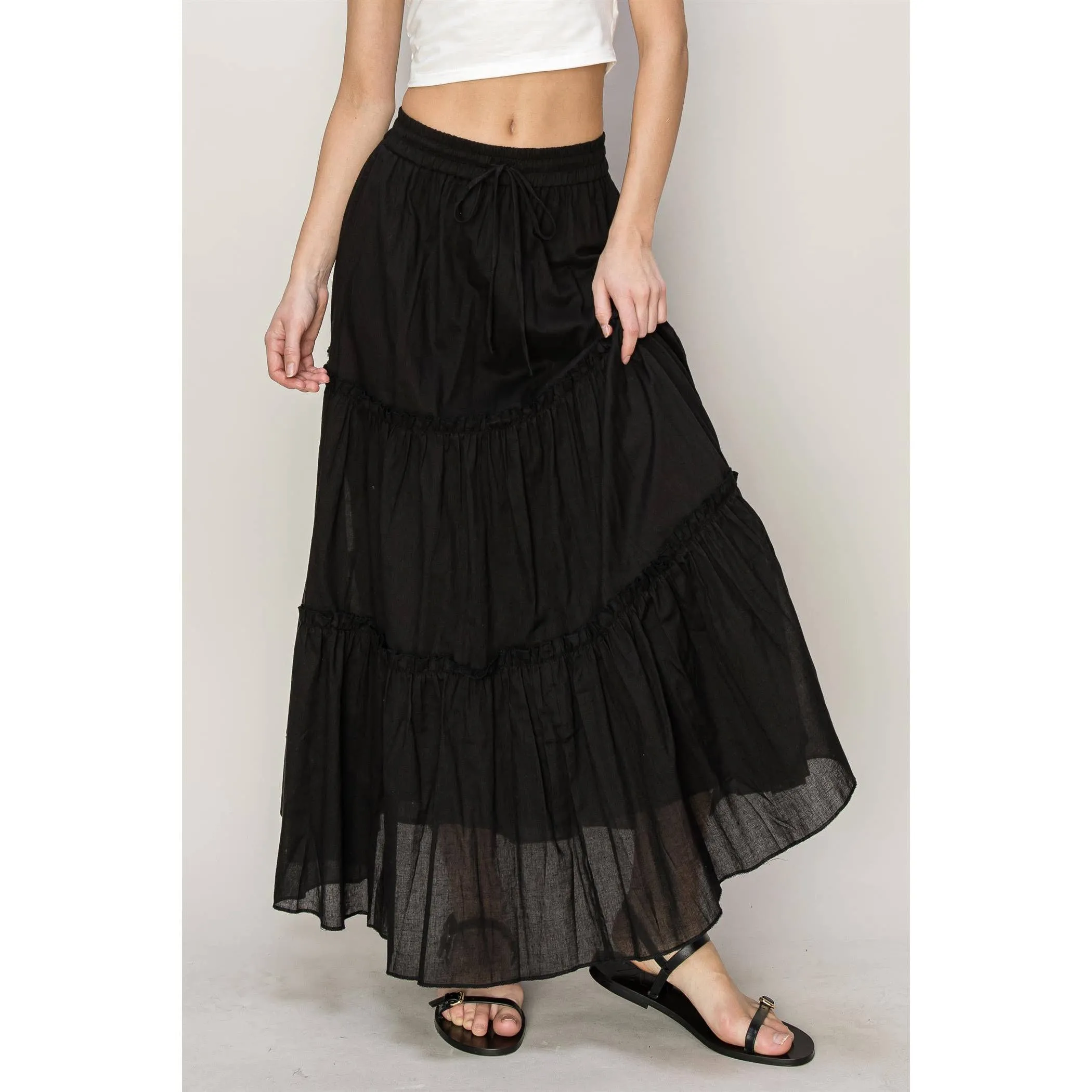 Cotton Voile Tiered Midi Skirt