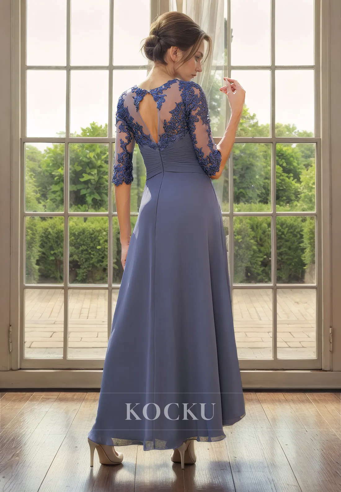 Couture & Ornate Appliques Long sleeves A-Line Chiffon Cocktail Mother of the Bride Dress