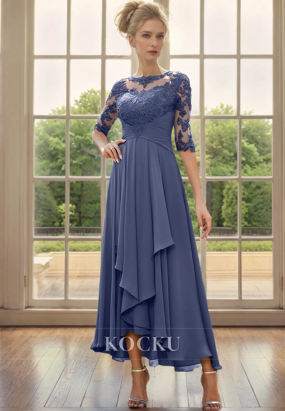 Couture & Ornate Appliques Long sleeves A-Line Chiffon Cocktail Mother of the Bride Dress