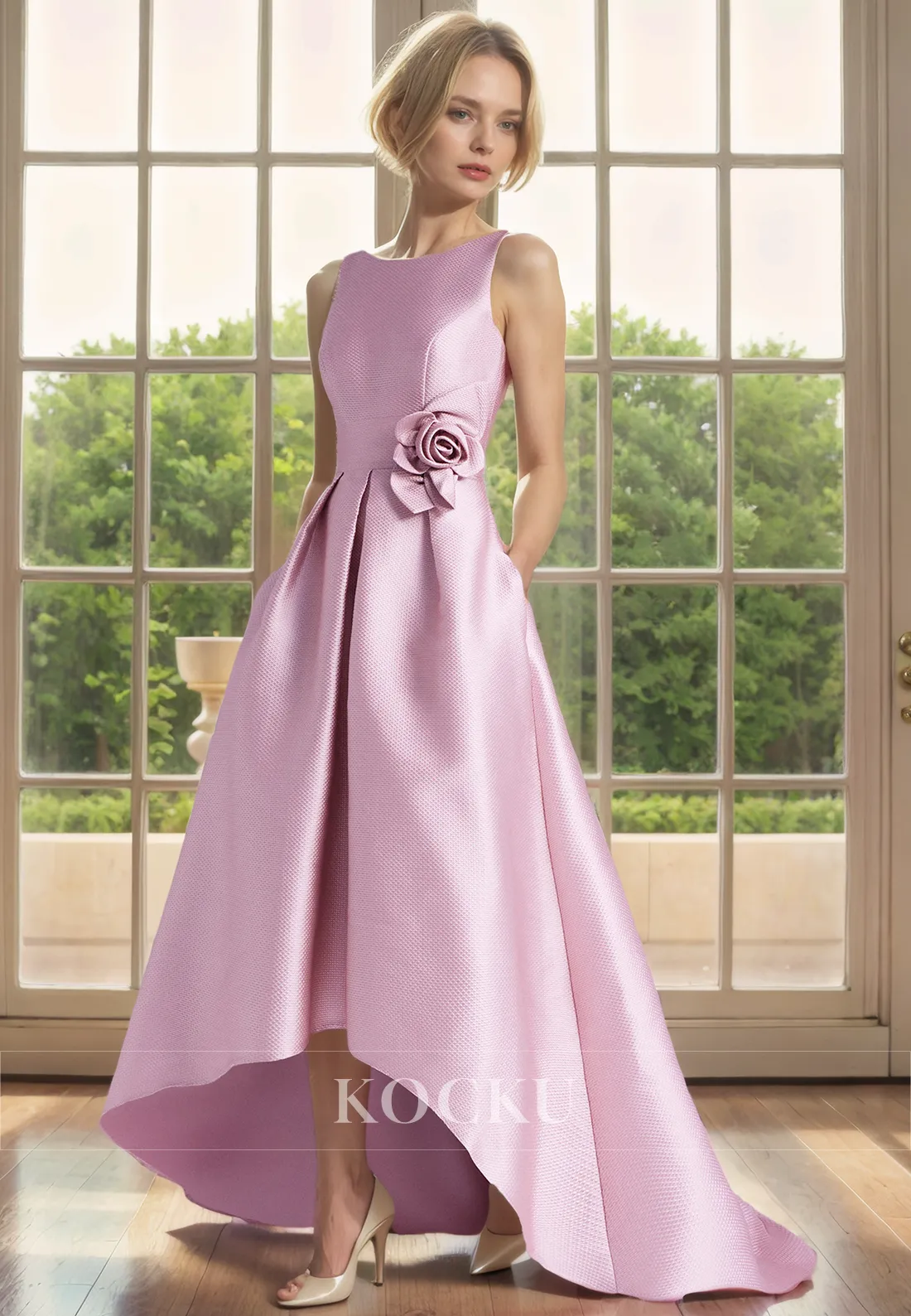 Couture & Ornate Sleeveless High Low A-Line Satin Mother of the Bride Dress With Flower