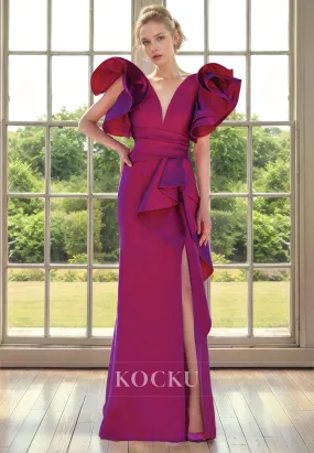 Couture & Ornate V-Neck Puff sleeves Sheath Split Cocktail Mother of the Bride Dress