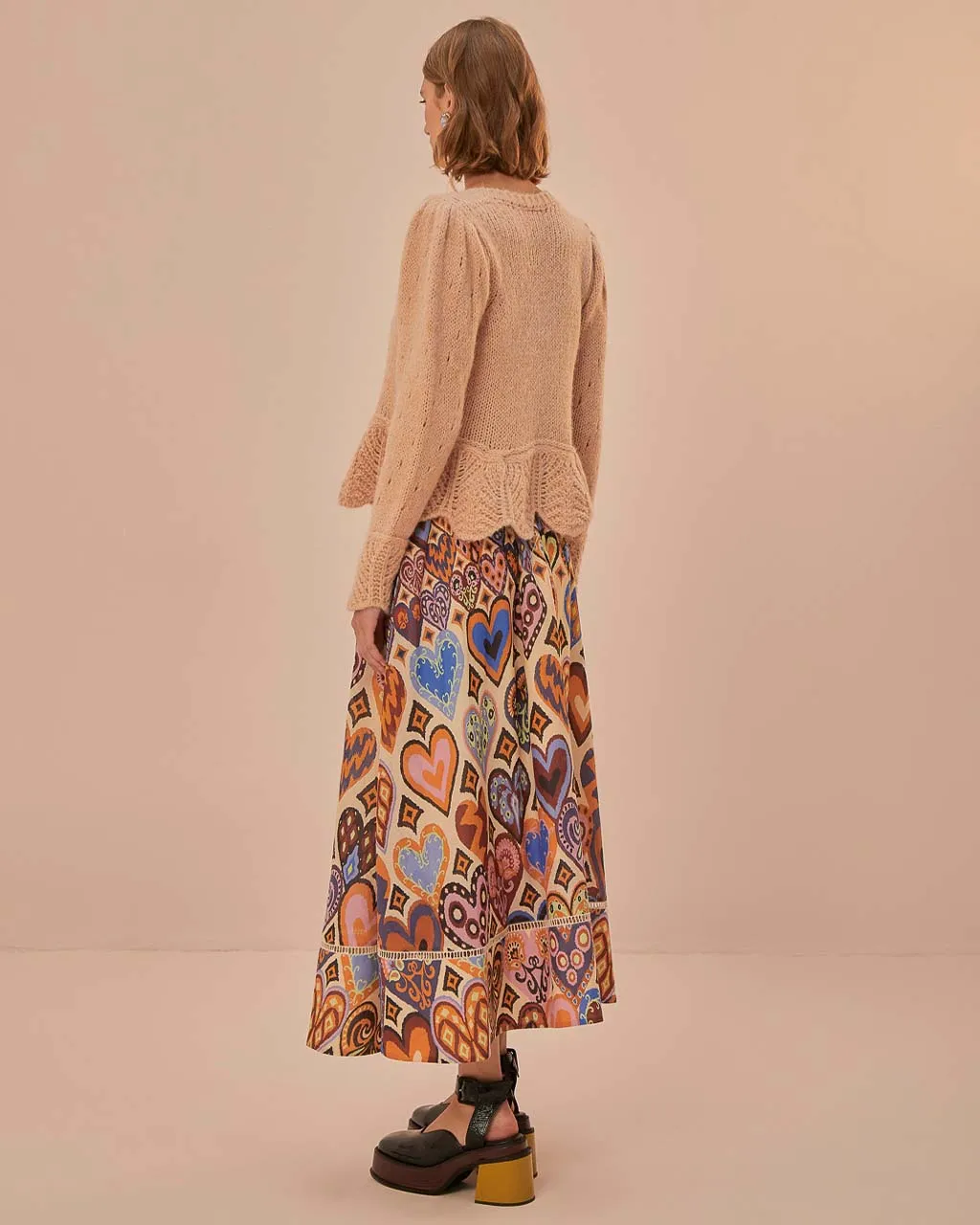 Cream Hearts Ikat Midi Skirt