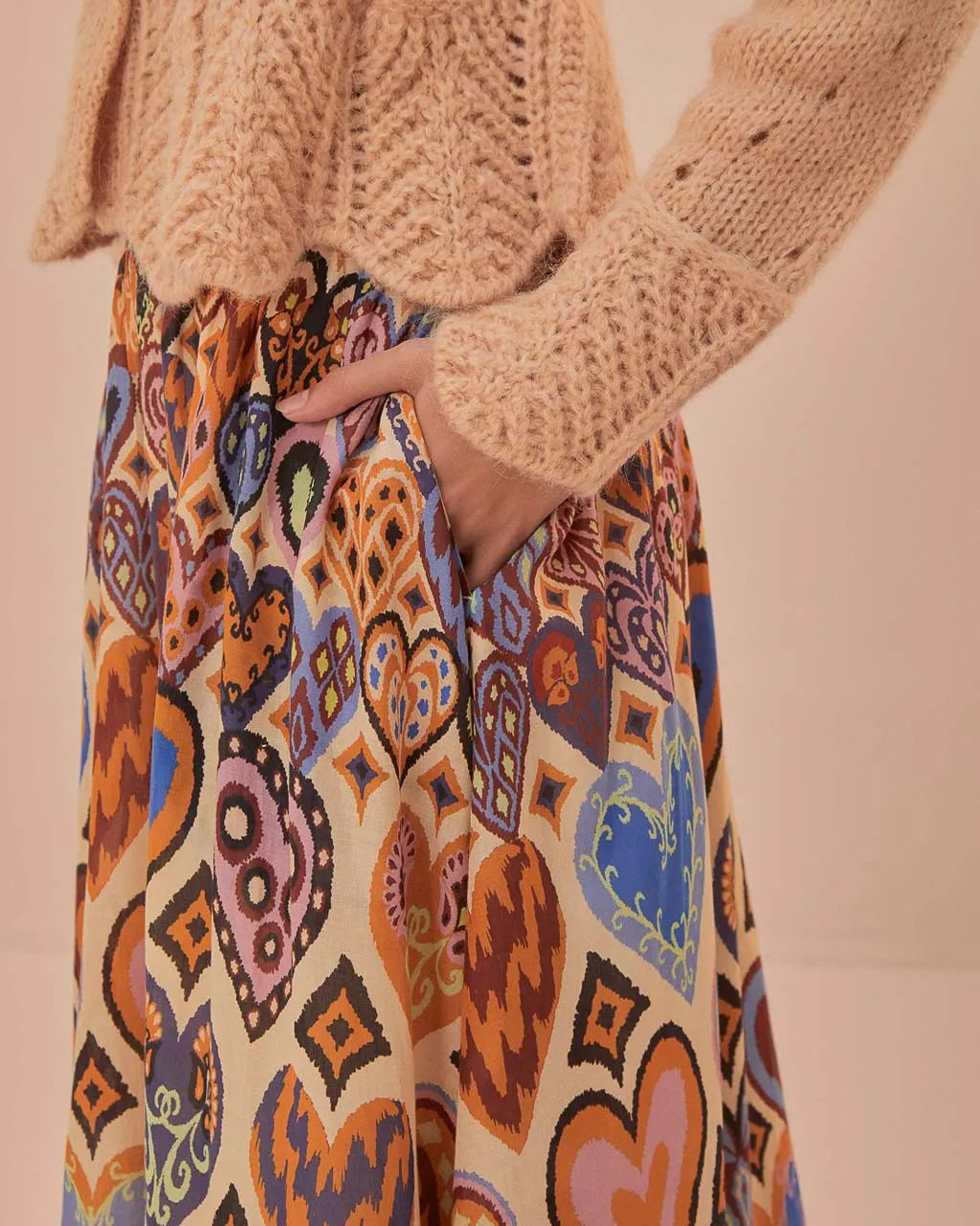 Cream Hearts Ikat Midi Skirt