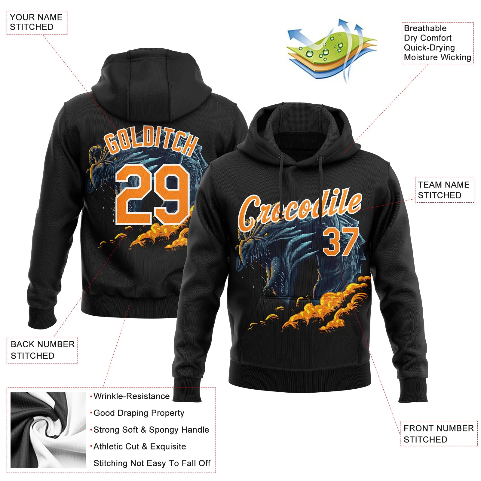 Custom Stitched Black Bay Orange-White 3D Pattern Design Fire Dragon Sports Pullover Sweatshirt Hoodie