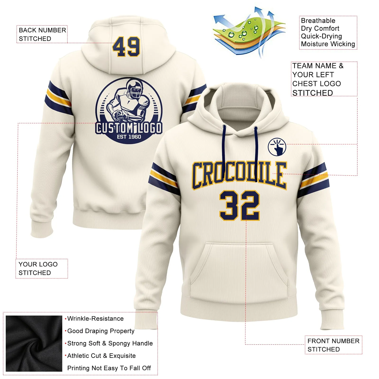 Custom Stitched Cream Navy-Gold Football Pullover Sweatshirt Hoodie