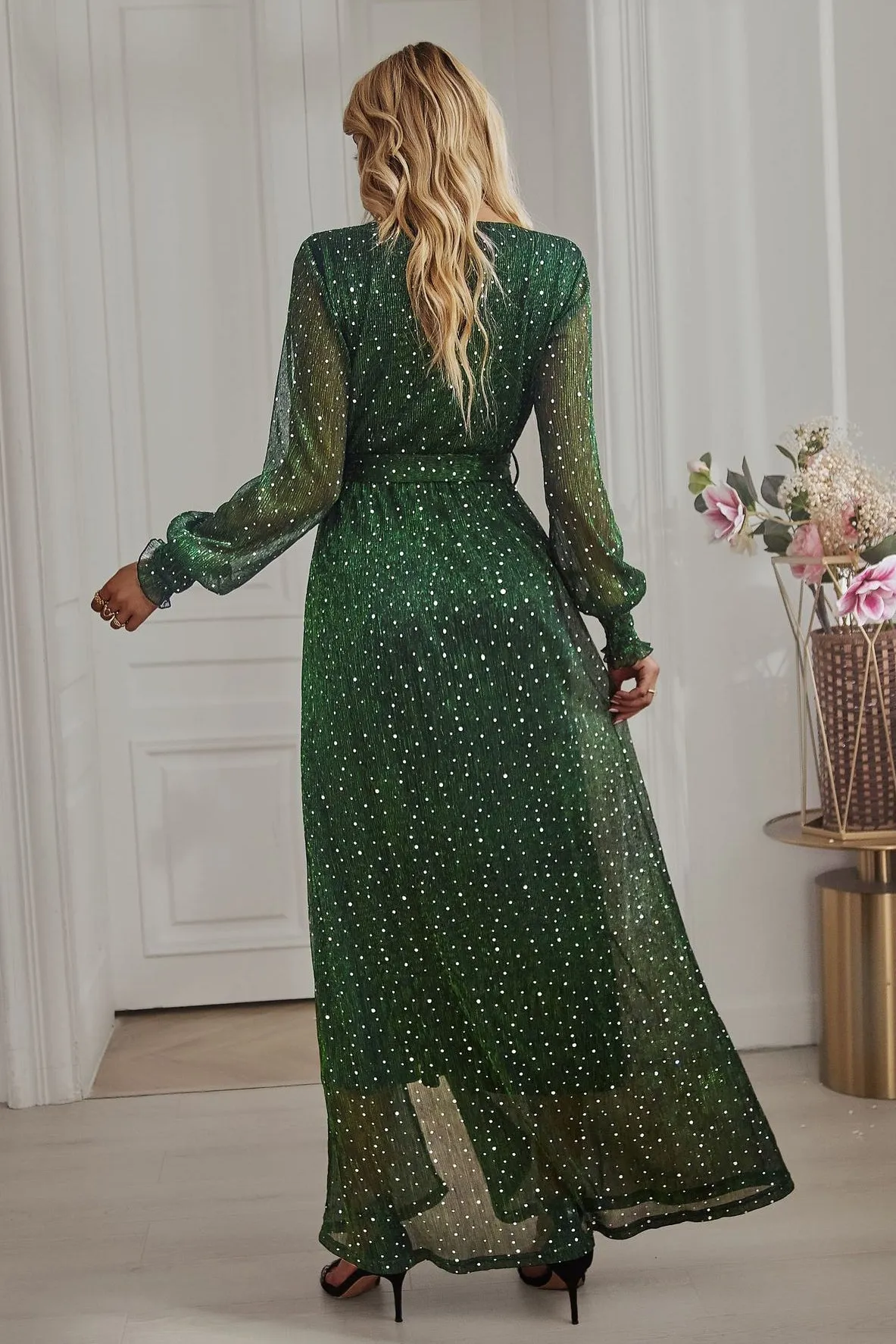 Dark Green Long Sleeve V-Neck Maxi Dress