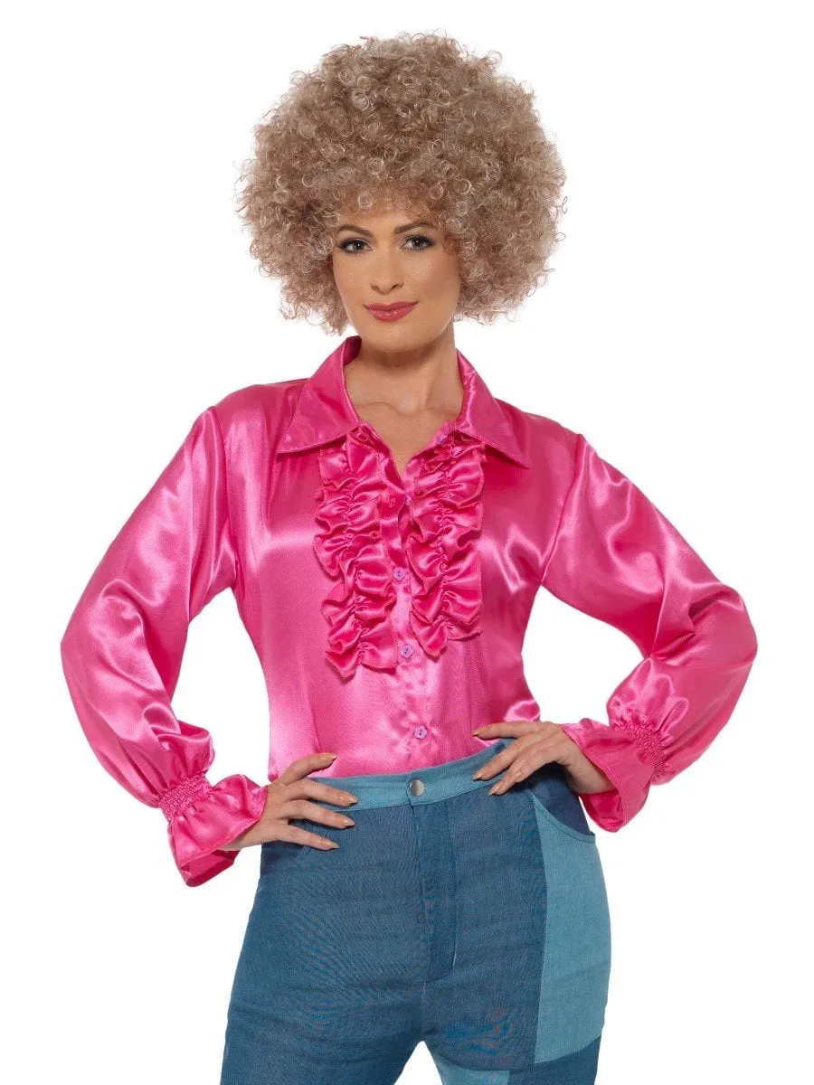 Disco 70s Pink Satin Ruffle Women's Blouse