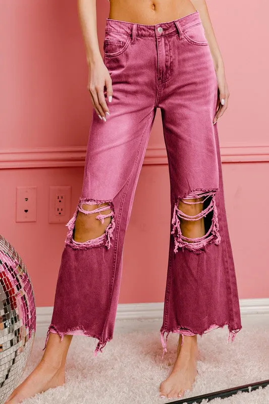 Distressed Vintage Washed Wide Leg Pants