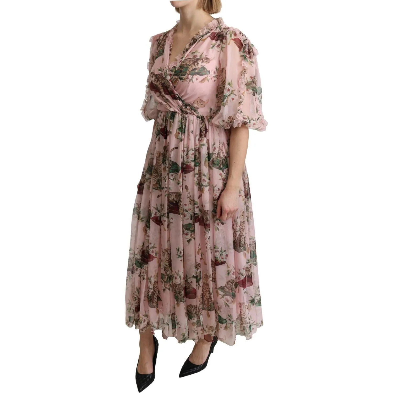 Dolce & Gabbana Elegant Pink Bengal Cat Print A-Line Maxi Dress