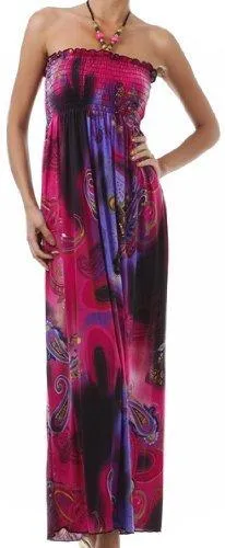 Dot Paisley Graphic Print Beaded Halter Smocked Bodice Long / Maxi Dress