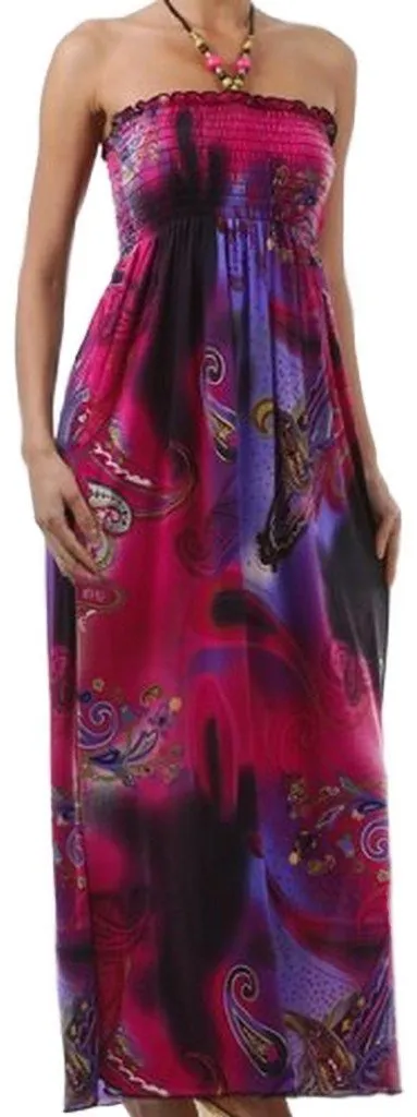 Dot Paisley Graphic Print Beaded Halter Smocked Bodice Long / Maxi Dress