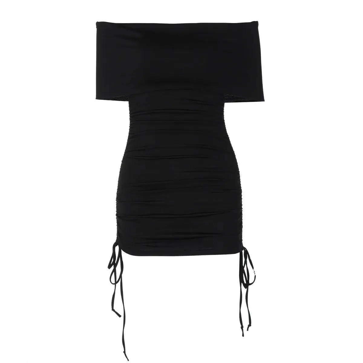 Drawstring Ruched Mini Dress Sexy Black Outfits Womens Fashion 2024 Off The Shoulder Backless Bodycon Dresses P95-CE23