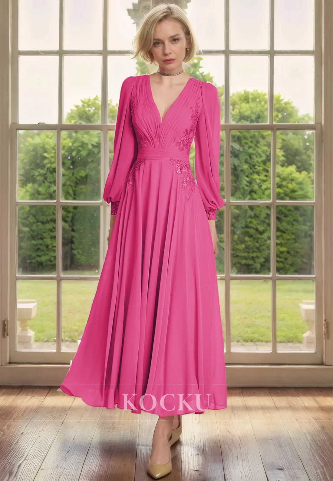 Elegant & Luxurious Long sleeves A-Line V-Neck Embroidery Chiffon Mother of the Bride Dress