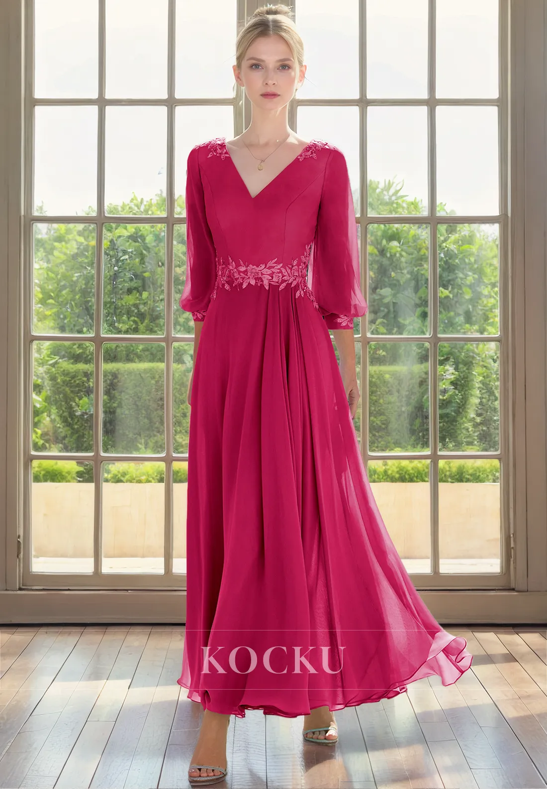 Elegant & Luxurious V-Neck Long sleeves A-Line Chiffon Cocktail Mother of the Bride Dress