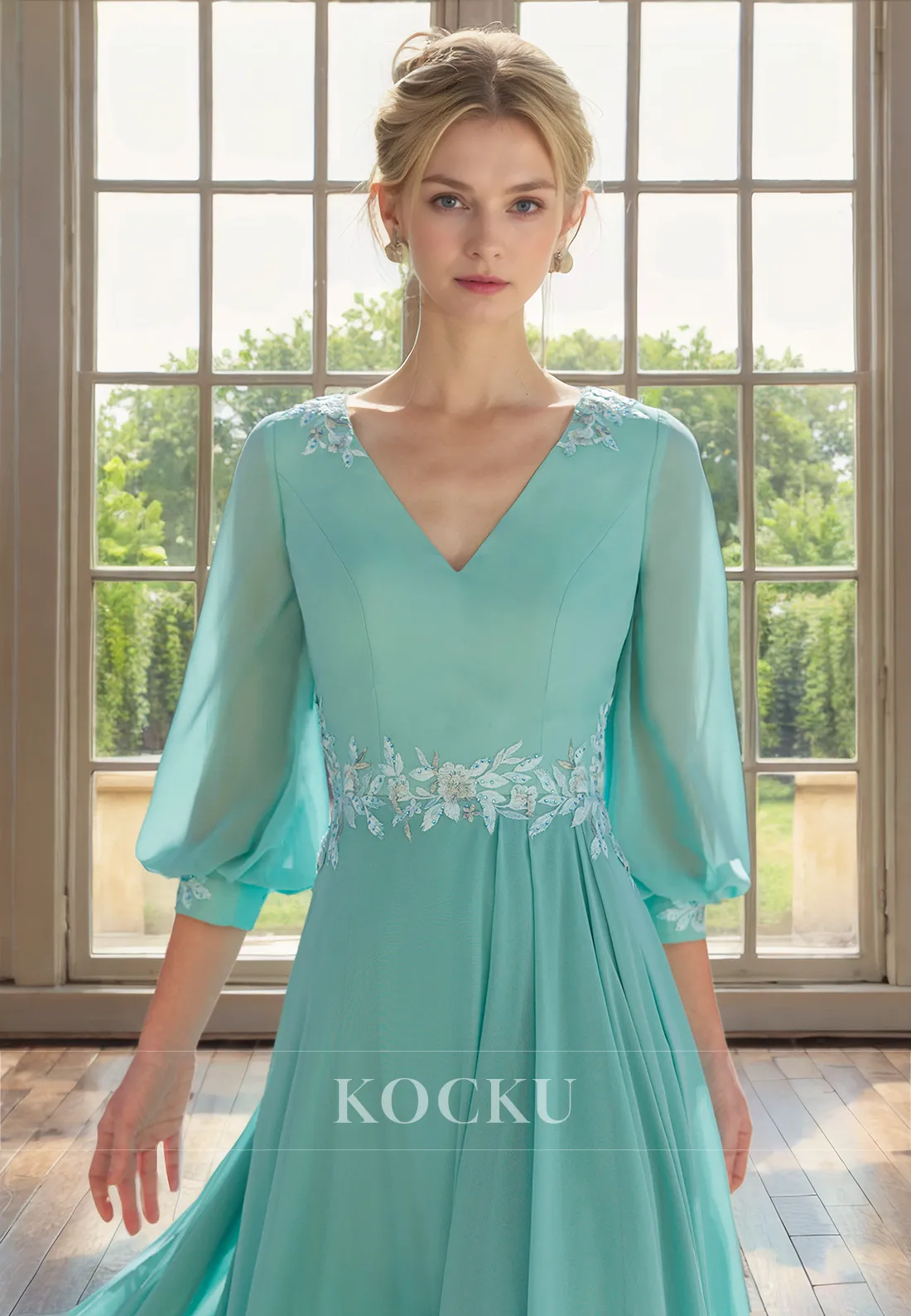 Elegant & Luxurious V-Neck Long sleeves A-Line Chiffon Cocktail Mother of the Bride Dress