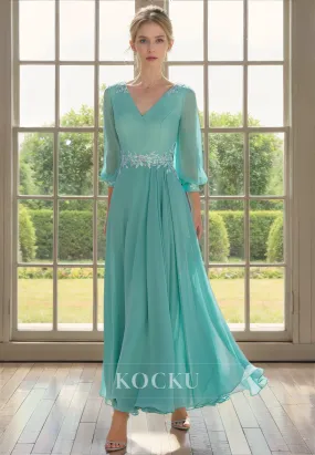 Elegant & Luxurious V-Neck Long sleeves A-Line Chiffon Cocktail Mother of the Bride Dress