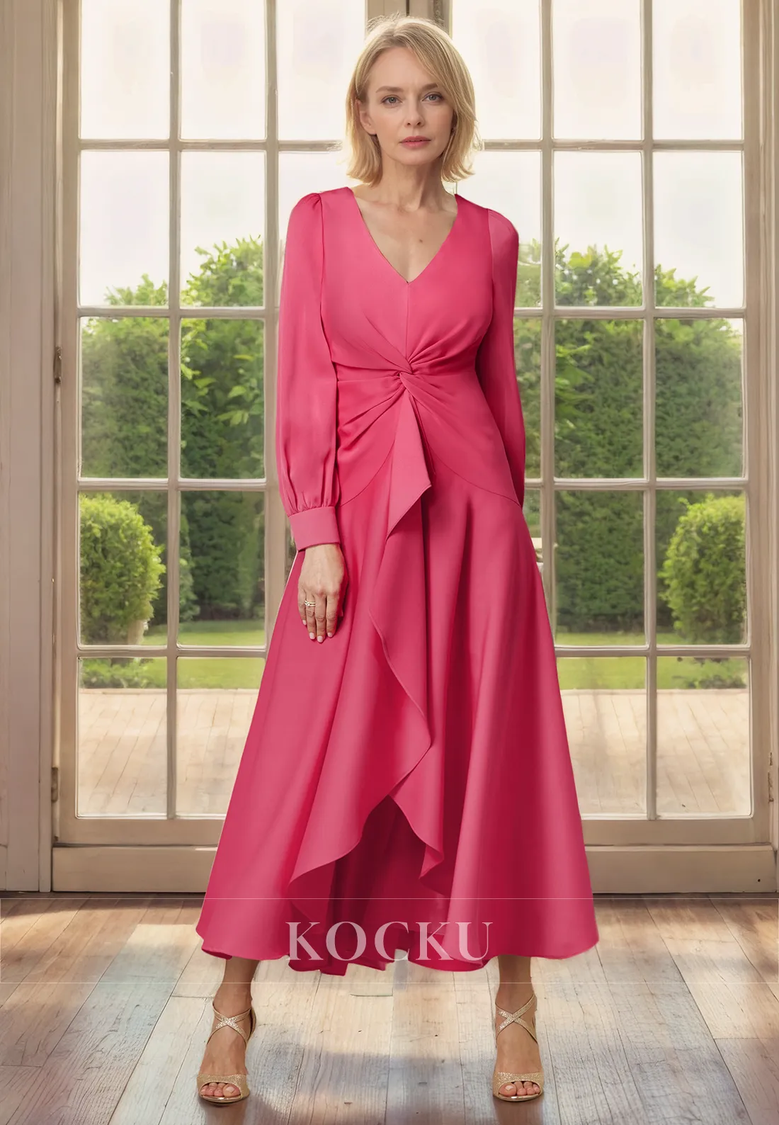 Elegant & Simple Long sleeves V-Neck A-Line Chiffon Cocktail Mother of the Bride Dress