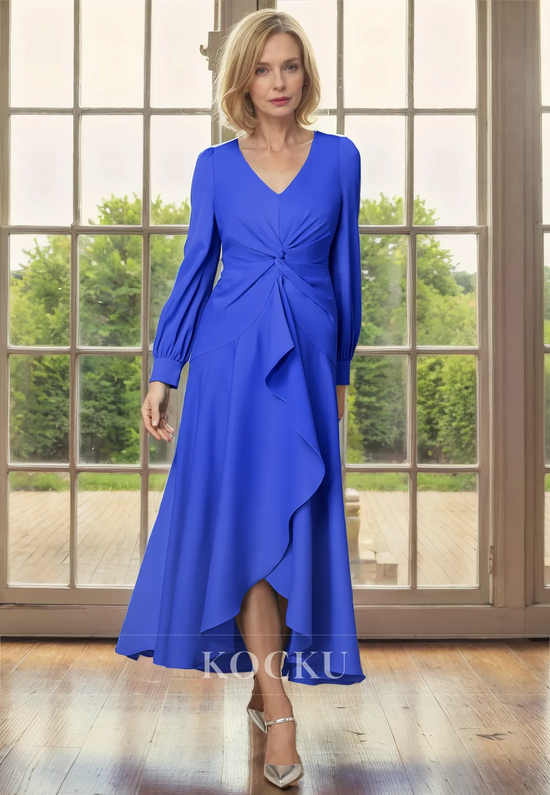 Elegant & Simple Long sleeves V-Neck A-Line Chiffon Cocktail Mother of the Bride Dress