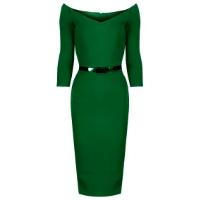 Emerald Green Wide V Neck 3/4 Sleeve Belted Bodycon Pencil Dress