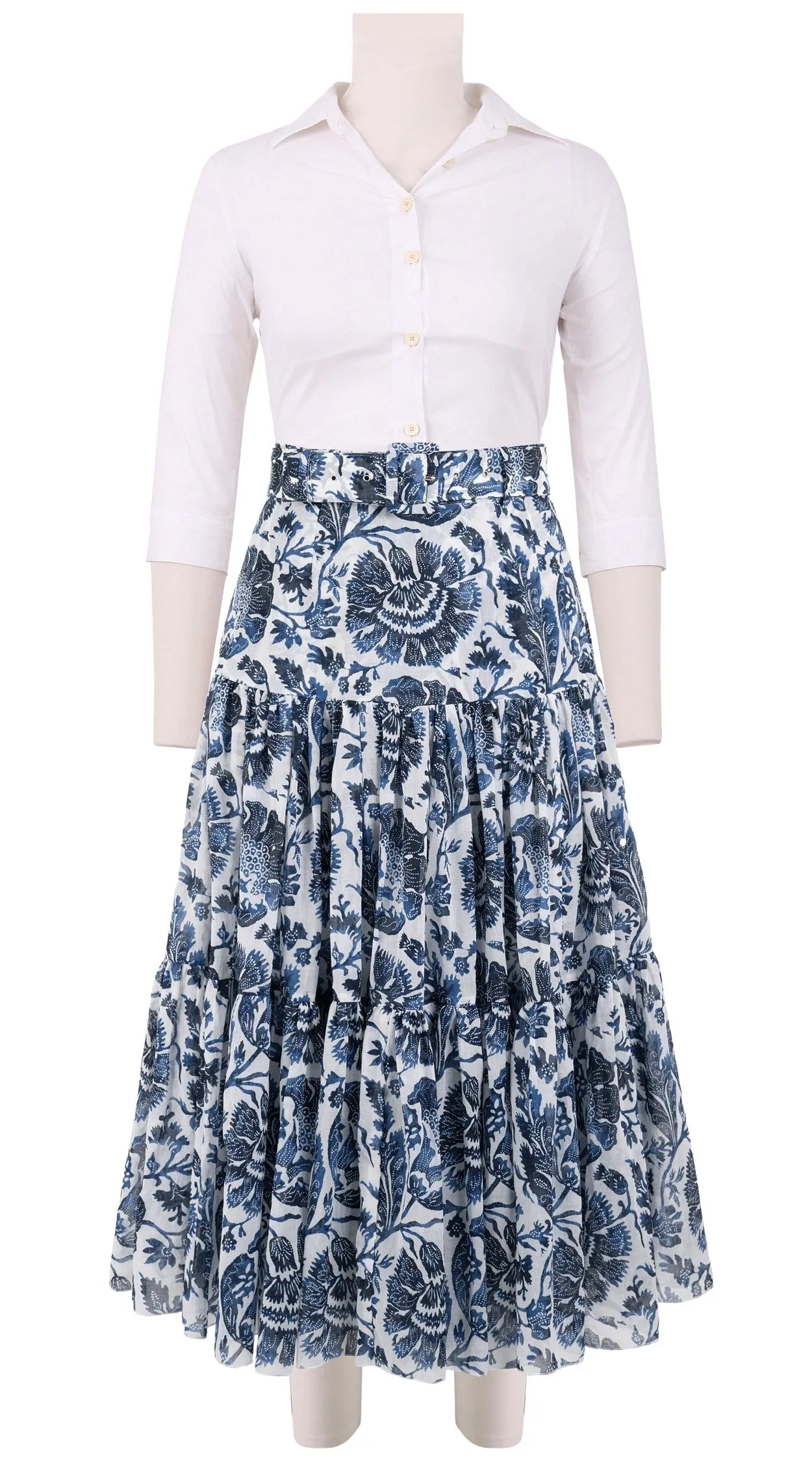 Emma Skirt Midi Length Cotton Musola (Indigo Poppies)